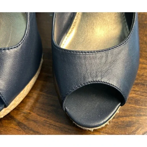 Lilly Pulitzer Kristin Wedge True Navy Blue Leather Sandals Casual Women's Sz 8M - Picture 4 of 11